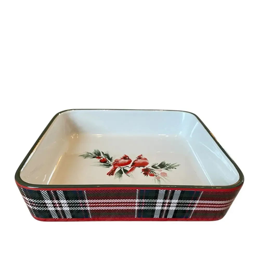 Laura Ashley Tartan Cardinals Ceramic Baker 9in Square Christmas Plaid NEW